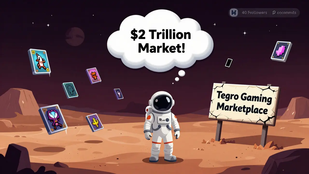 An astronaut alone on a broken gaming marketplace planet with frozen NFTs and a fading  trillion sign.