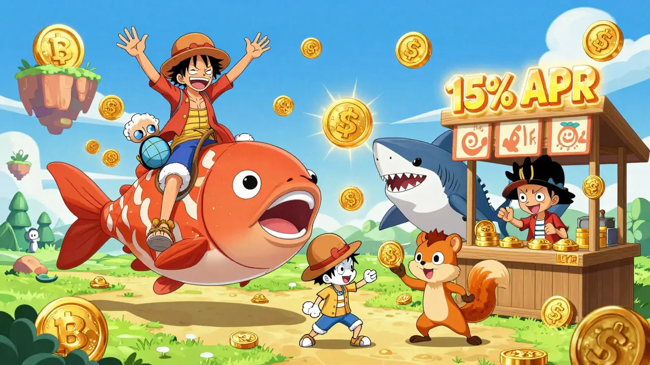 Anime characters playing a 3D game called 'Land of Kai' while collecting LUFFY tokens and battling robot sharks in a cartoon world.