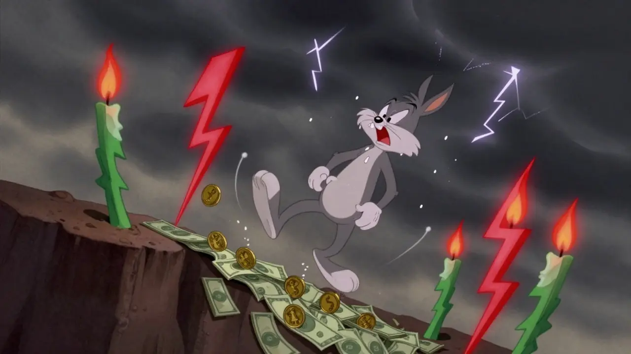 Anxious cartoon coin falling down stormy path