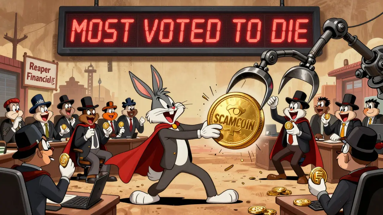 Cartoon investors voting to destroy a scam crypto token in a chaotic room with a giant scoreboard.