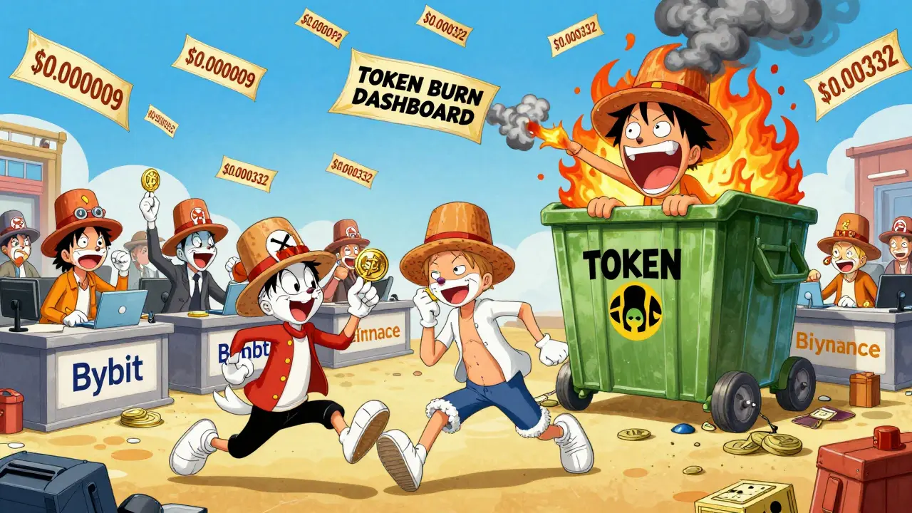 Cartoon traders rushing between crypto exchange booths with giant price tags and a burning dumpster labeled 'Token Burn Dashboard'.