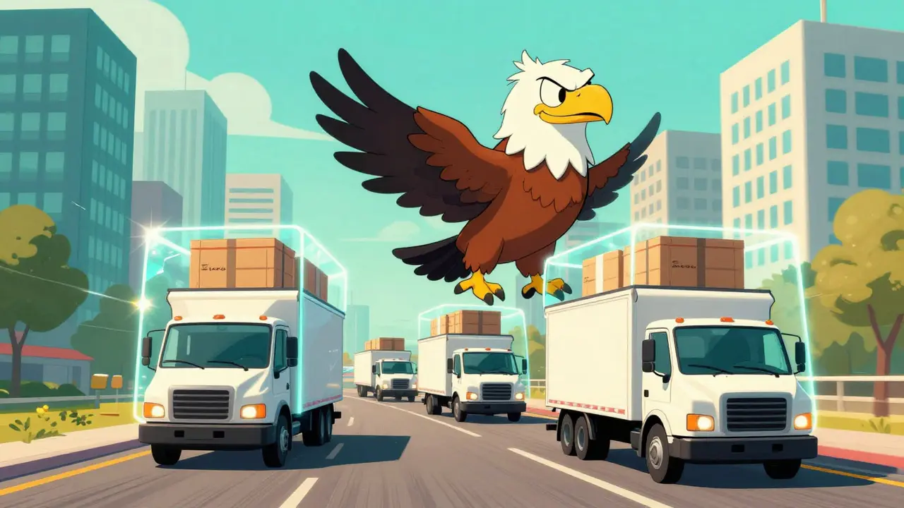 Delivery trucks with invisible shields floating above in a busy city