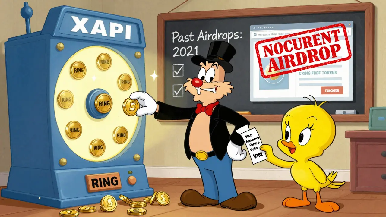 Elmer Fudd staking RING in a spinning machine while Tweety Bird delivers a vote ballot, with a giant 'NO CURRENT AIRDROP' stamp over a fake website.