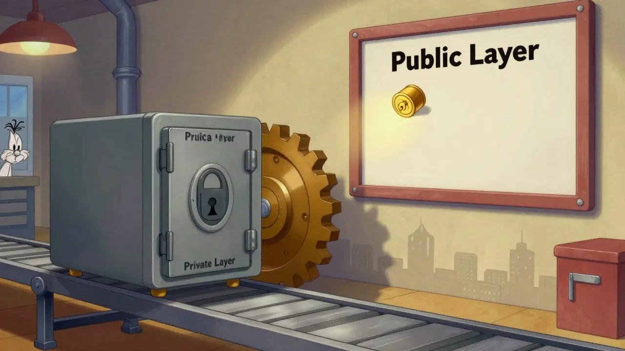 Factory machine turning a locked box into a golden proof token