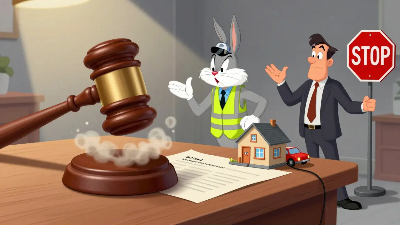 Gavel strikes mining contract while worker protects residential home.