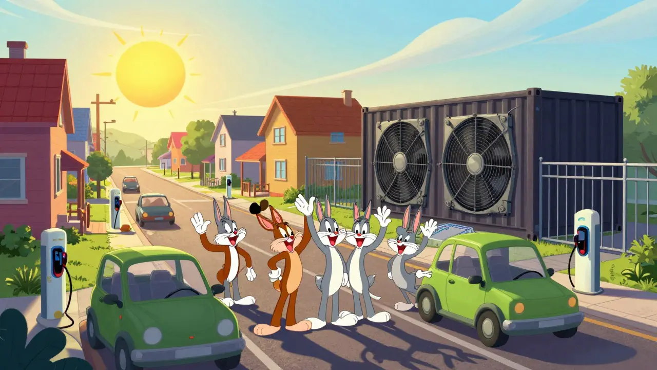 Happy suburbs with EVs next to locked abandoned mining container.