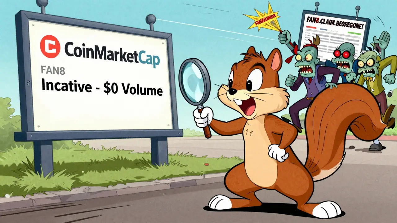 Heroic squirrel points to official CoinMarketCap listing while crypto zombies chase a fake airdrop site.