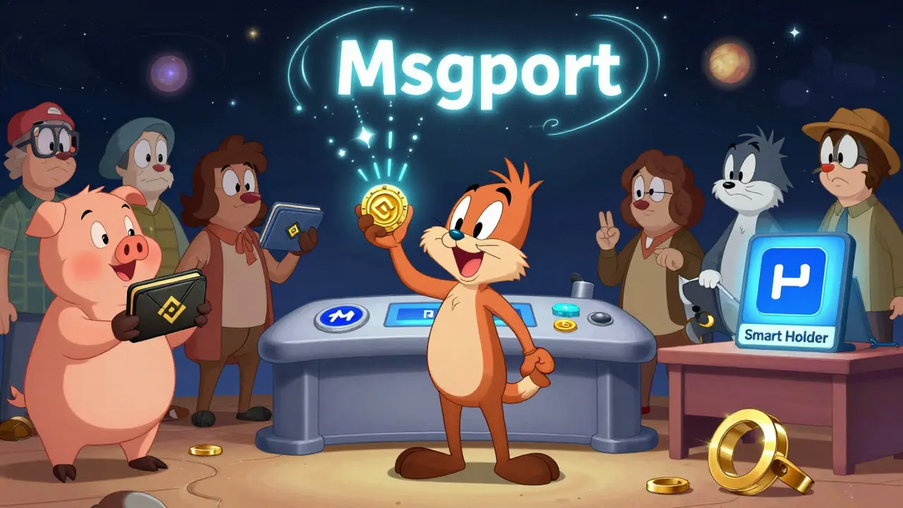 Marvin the Martian using a RING token to activate a cross-chain portal, surrounded by characters making common crypto mistakes with wallets and scams.