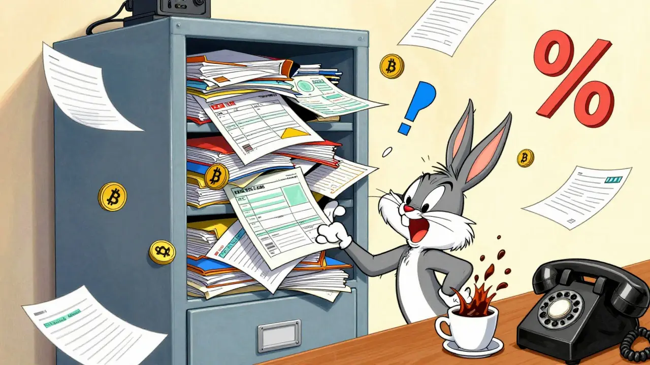 Overwhelmed taxpayer surrounded by mountain of tax forms and documents