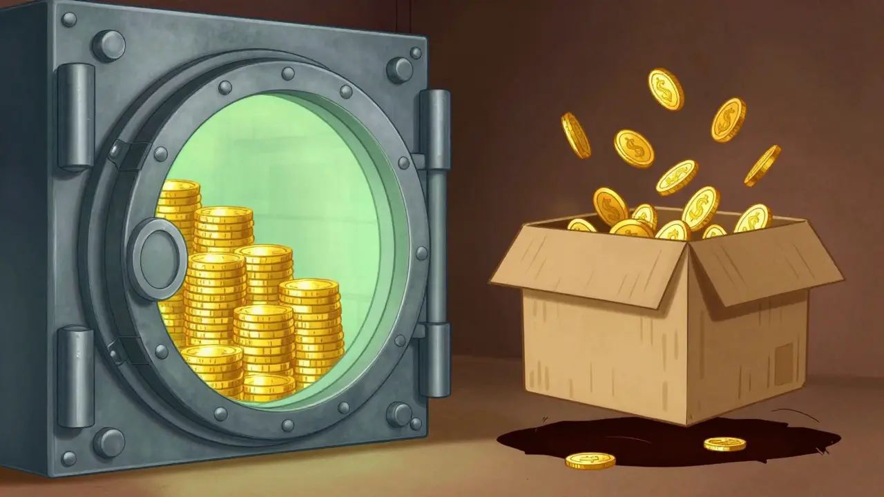 Secure vault versus broken cardboard box illustration