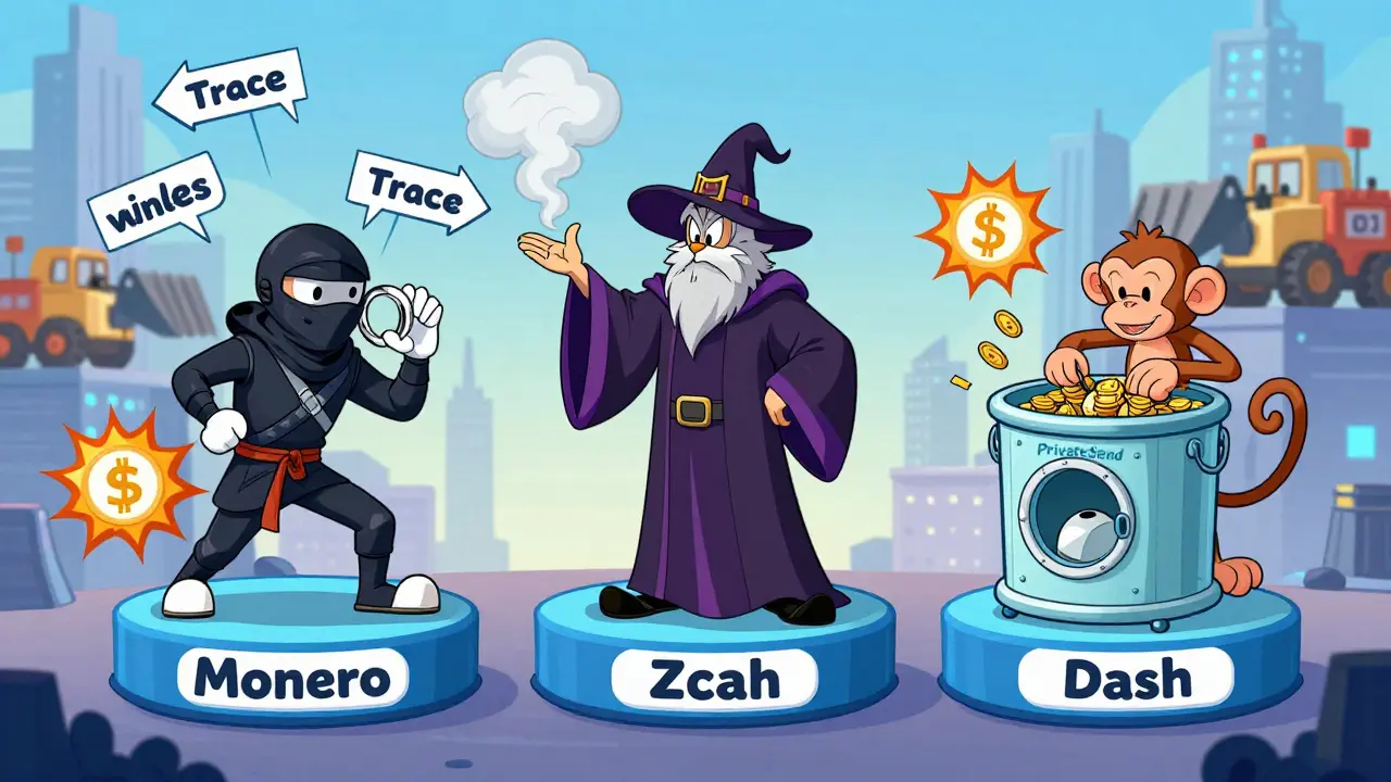 Three quirky crypto characters—ninja, wizard, and monkey—use ring signatures, zero-knowledge proofs, and mixing to hide transactions in Looney Tunes style.
