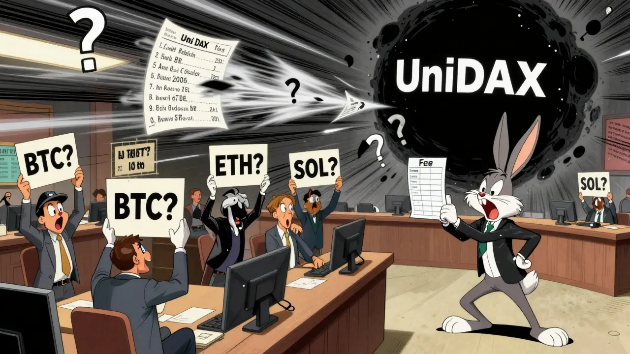 Traders hold up unknown crypto symbols as a black hole swallows asset lists, in Looney Tunes style.