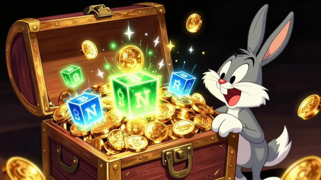Treasure chest overflowing with glowing digital coins and mystery boxes.