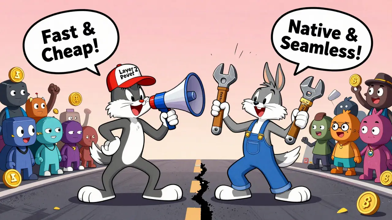 Two cartoon characters argue over Layer 2 vs Sharding, with NFTs and gamers cheering on either side.