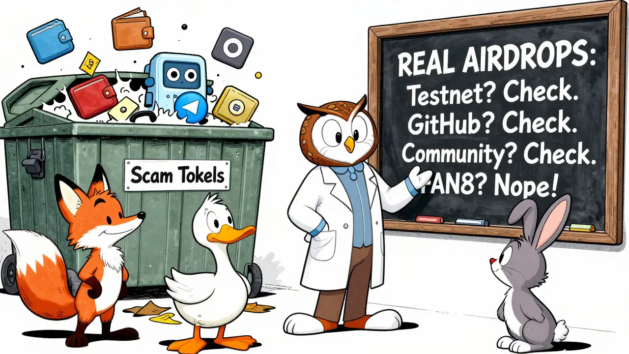 Wise owl teaches animals what real airdrops require, with a dumpster full of scam tokens in the background.
