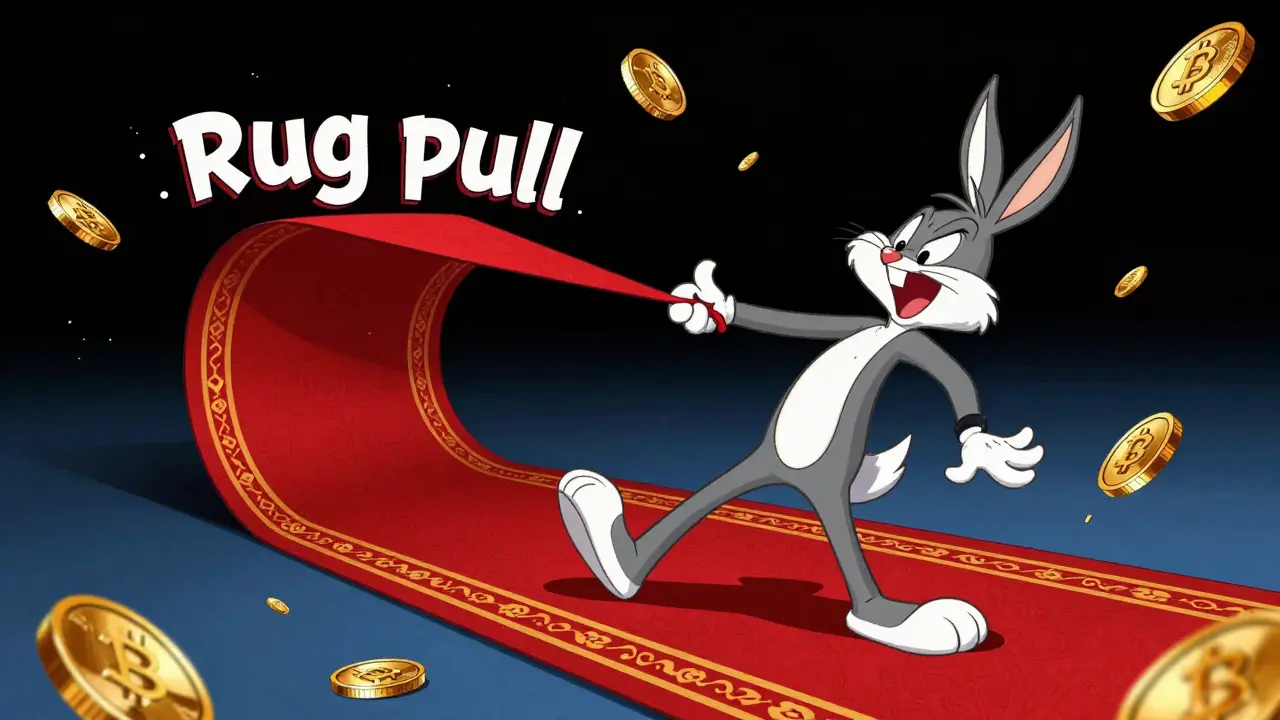 A cartoon investor being tricked as a red carpet is pulled away in a Looney Tunes style.