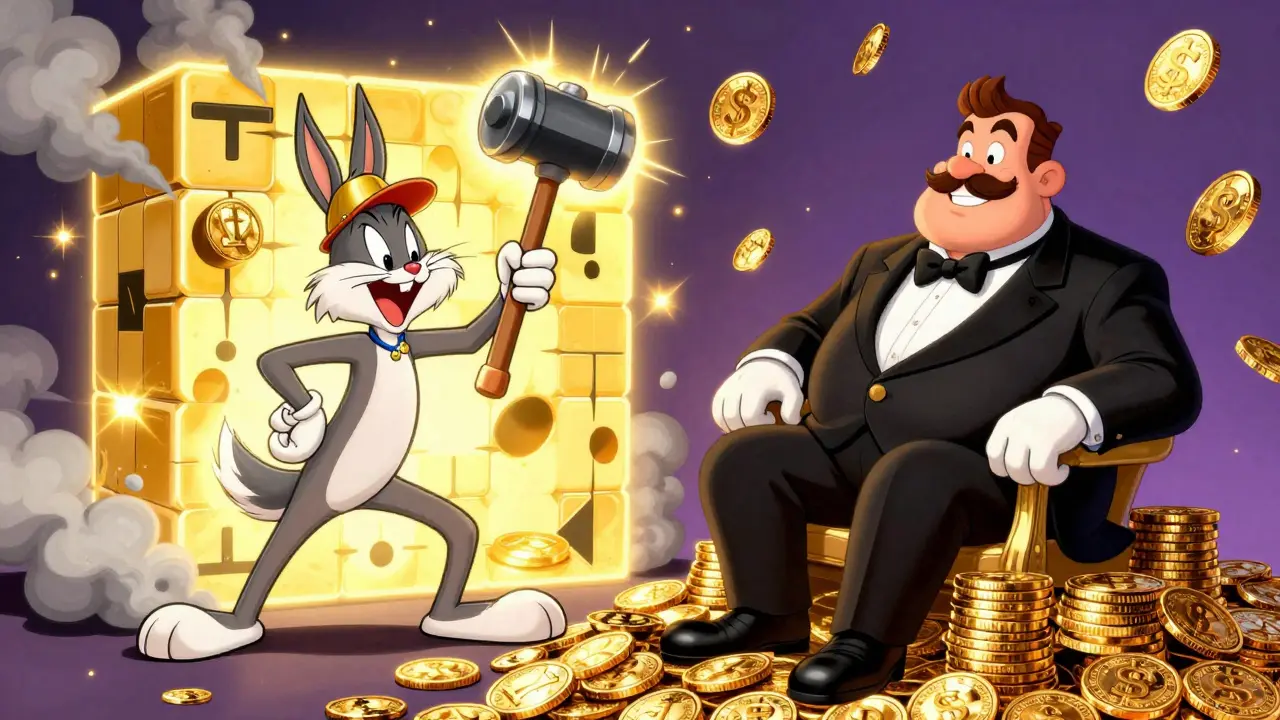 A cartoon miner with a mallet and a validator in a tuxedo sitting on a pile of coins