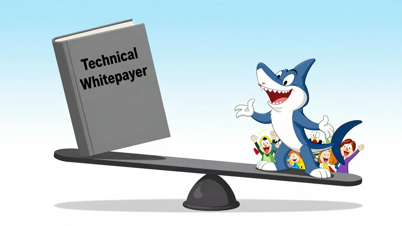 A cartoon shark outweighing a technical whitepaper on a giant balance scale.