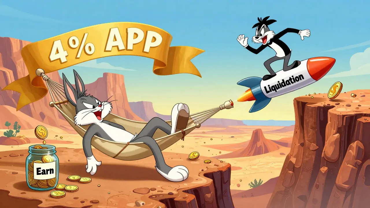 A character sleeping in a savings hammock next to another riding a crashing rocket coin.