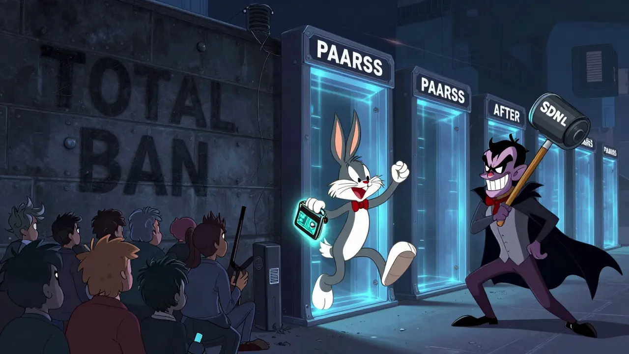 A comparison scene showing the transition from a total ban to targeted sanctions with a laser gate.