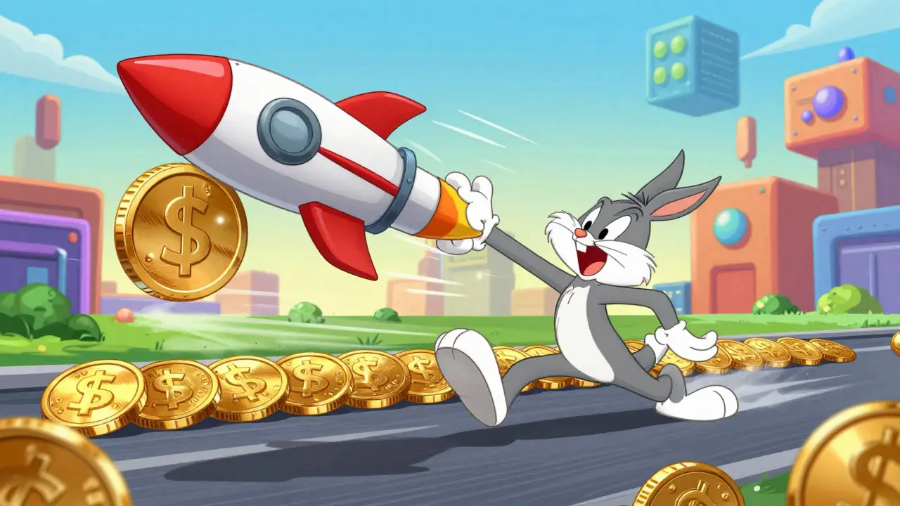A gold coin with a rocket engine zooming past other coins in a digital space.