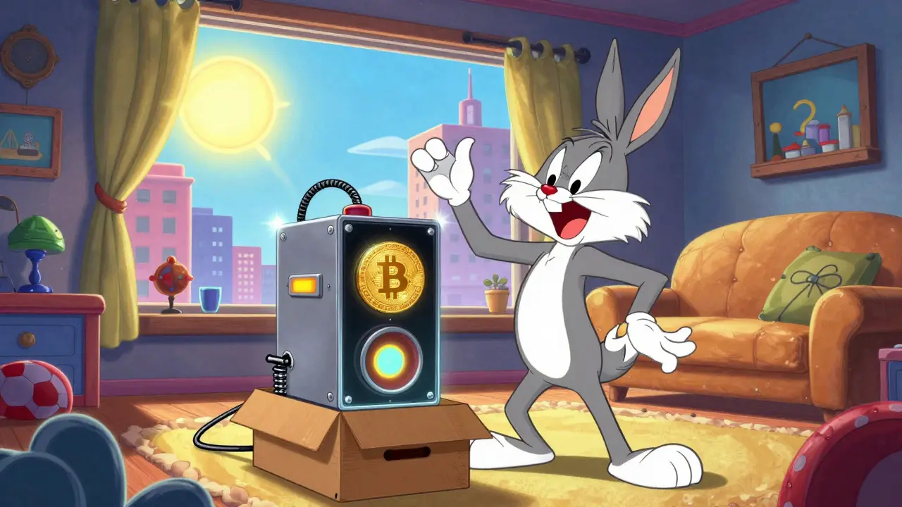 A happy character unboxing a wacky Bitcoin mining machine in a colorful cartoon room.
