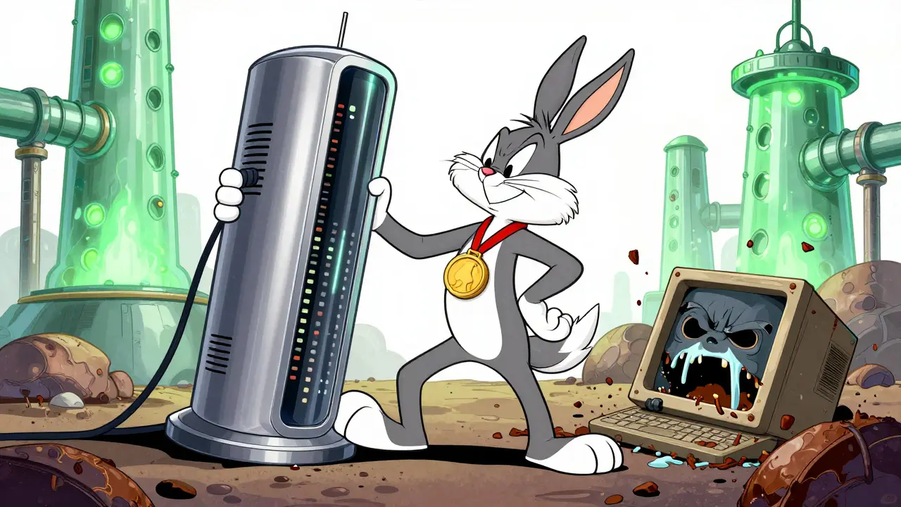 A modern mining machine triumphing over an old, broken computer in a green energy setting