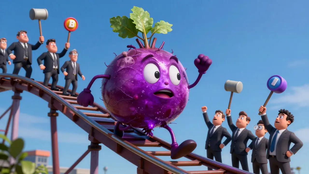 A personified purple beet character sliding down a rollercoaster track in a cartoon scene.