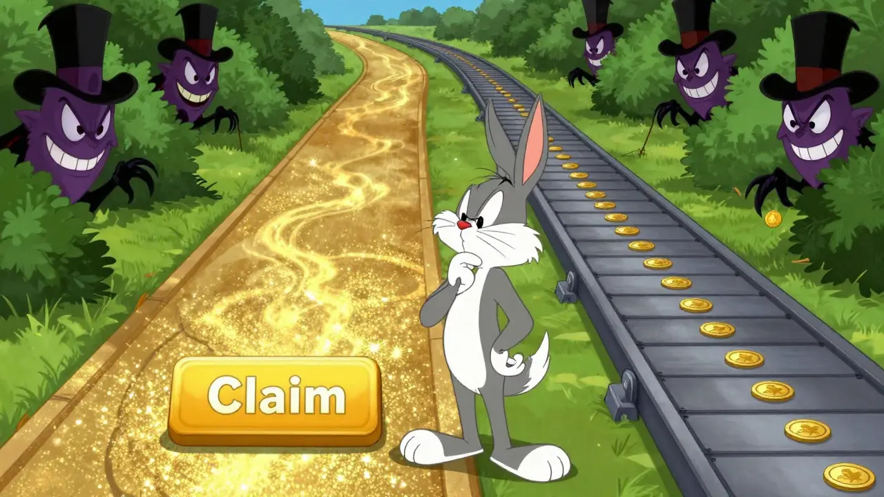 A skeptical cartoon character choosing between a scam claim button and a slow vesting conveyor belt.