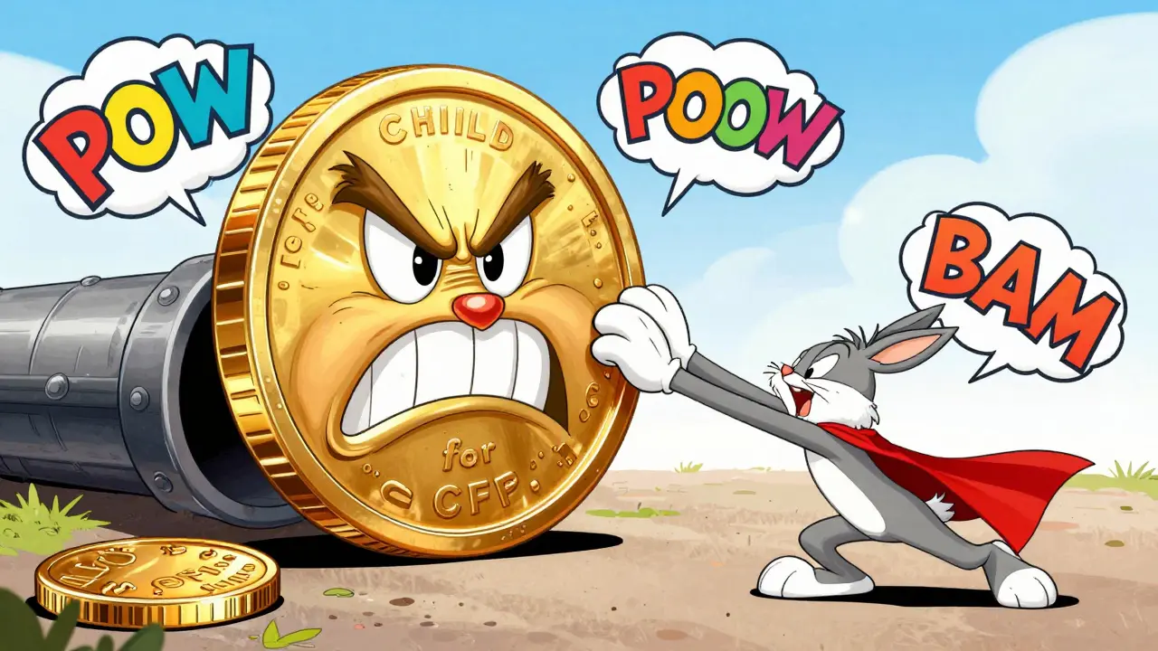 A small superhero gold coin pushing a larger stuck coin through a pipe.