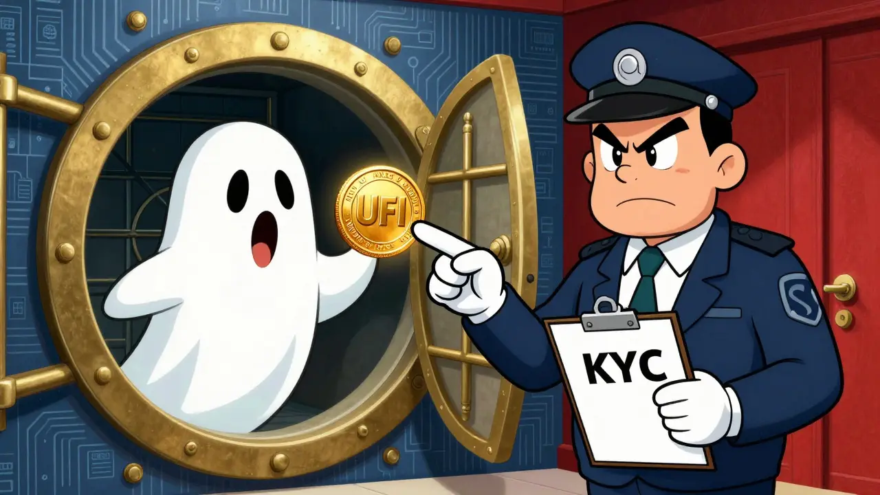 A stern inspector and a ghost character debating identity verification for a golden UFI token.