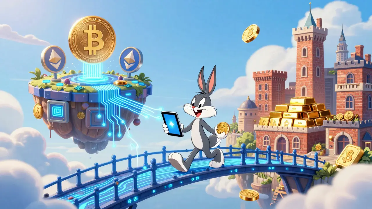 Cartoon bridge connecting digital cryptocurrency assets to real-world physical assets.