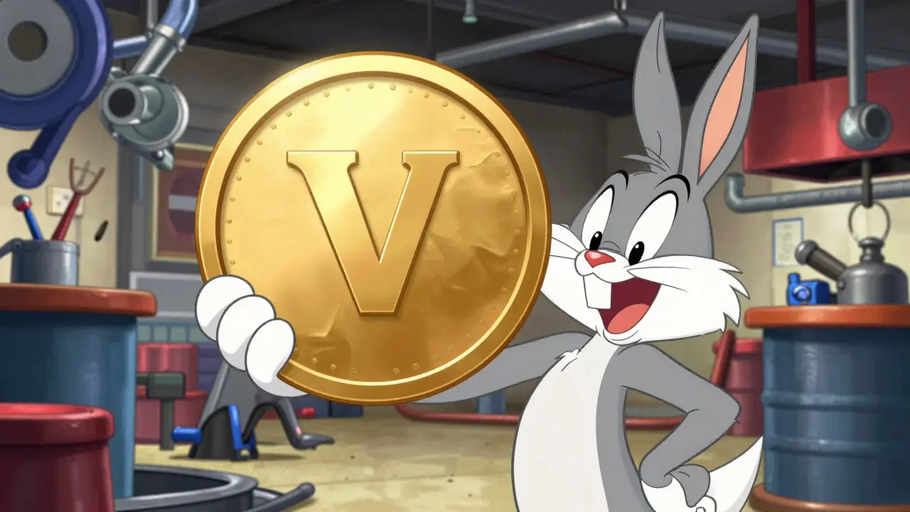 Cartoon character holding a large gold token at a chaotic racing pit stop