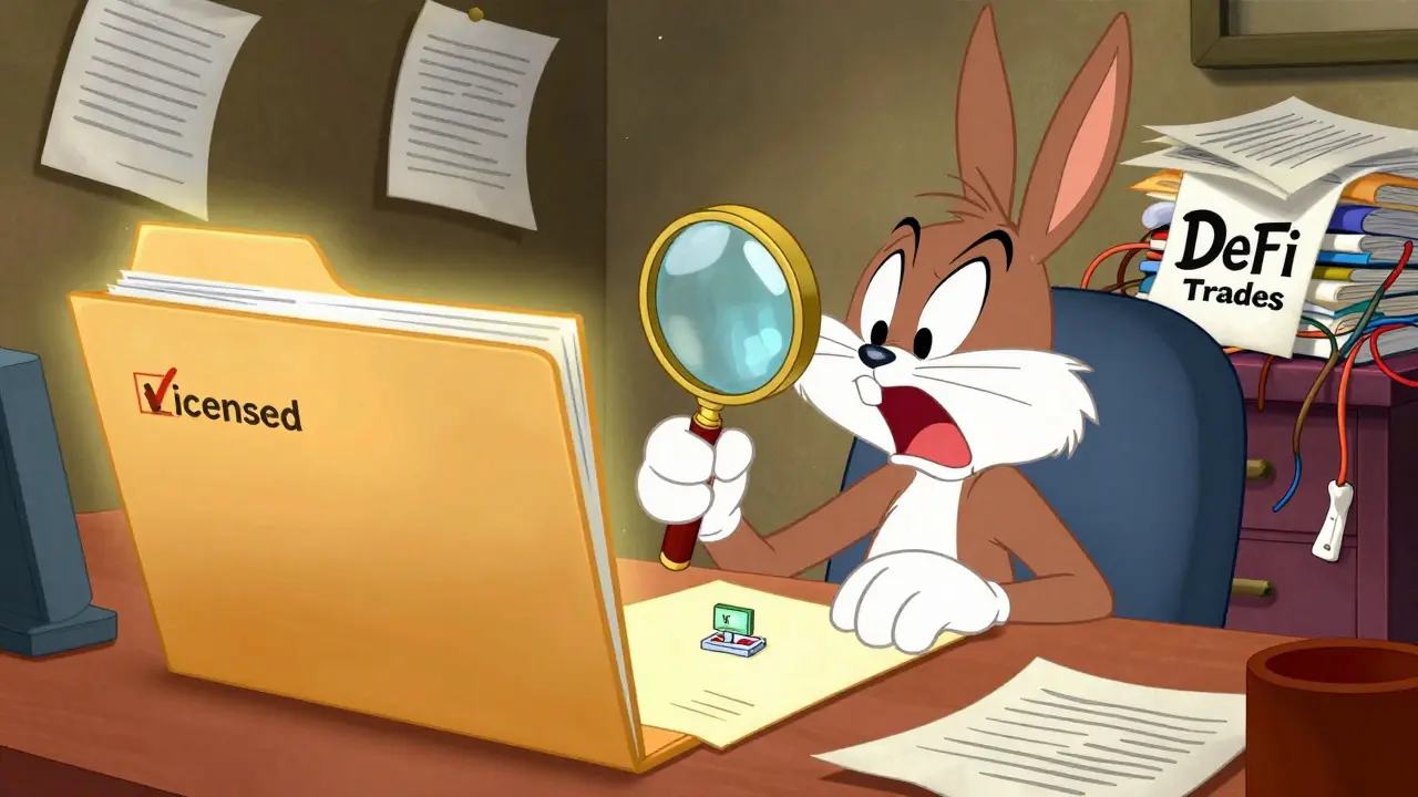 Cartoon character organizing separate records for licensed and DeFi cryptocurrency trades.