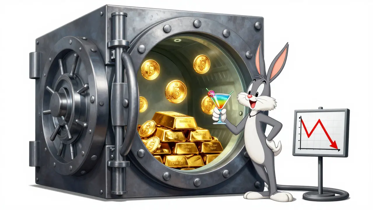 Cartoon character relaxing by a high-tech vault filled with digital tokens