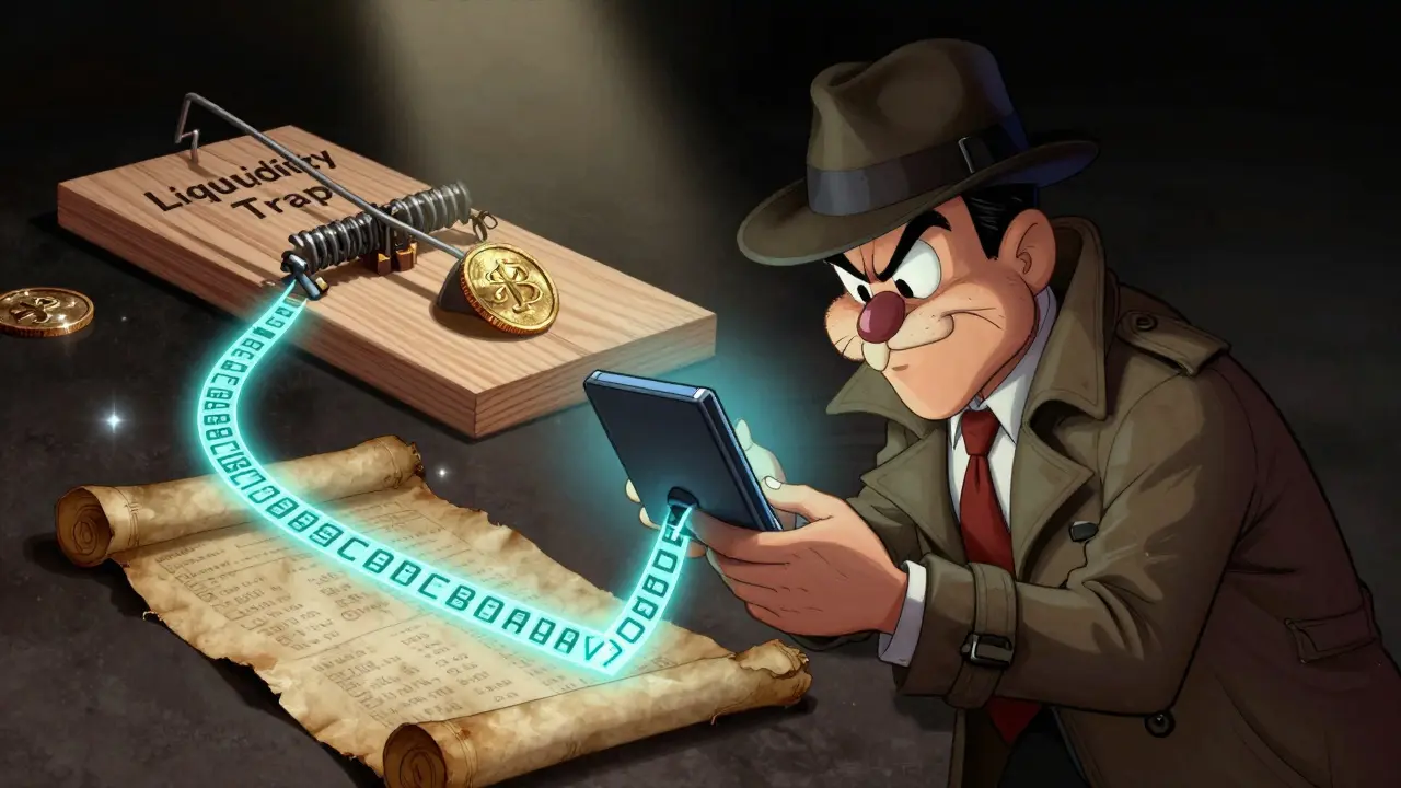 Cartoon detective examining a digital smart contract address next to a giant coin mousetrap.
