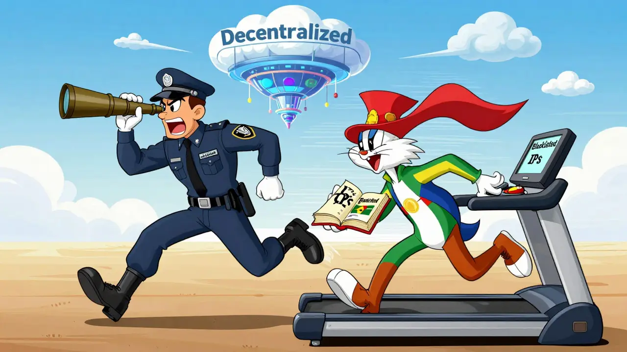 Cartoon security guard chasing a character who is rapidly changing country costumes