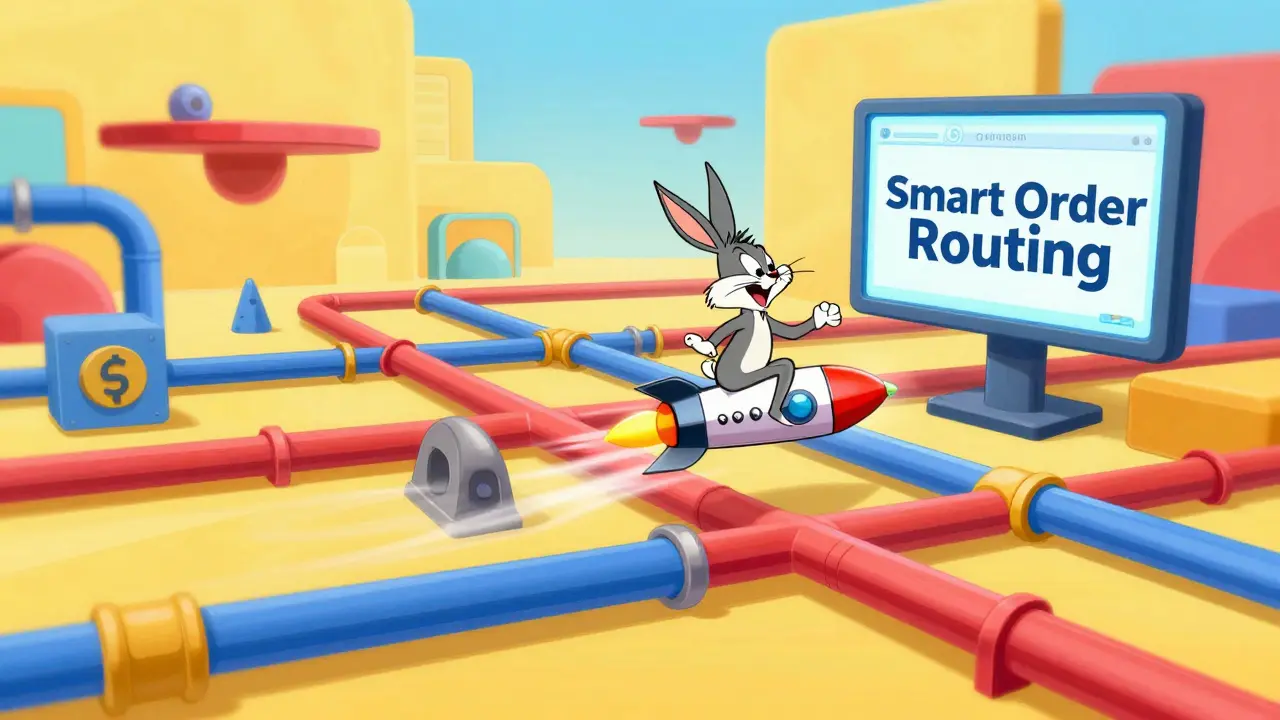 Character riding a token through a complex network of colorful pipes in a cartoon style.