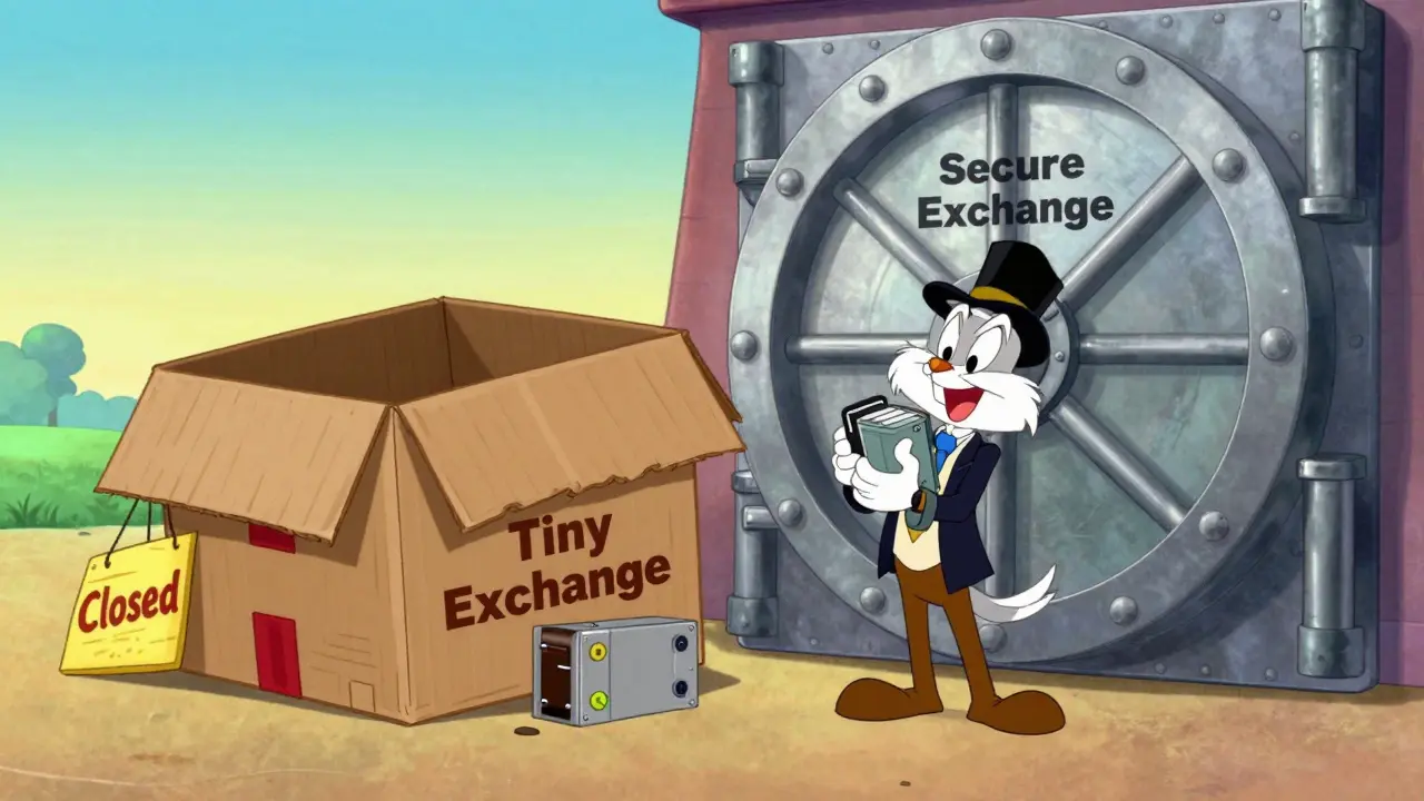 Comparison between a collapsing cardboard exchange and a secure steel vault with a hardware wallet.