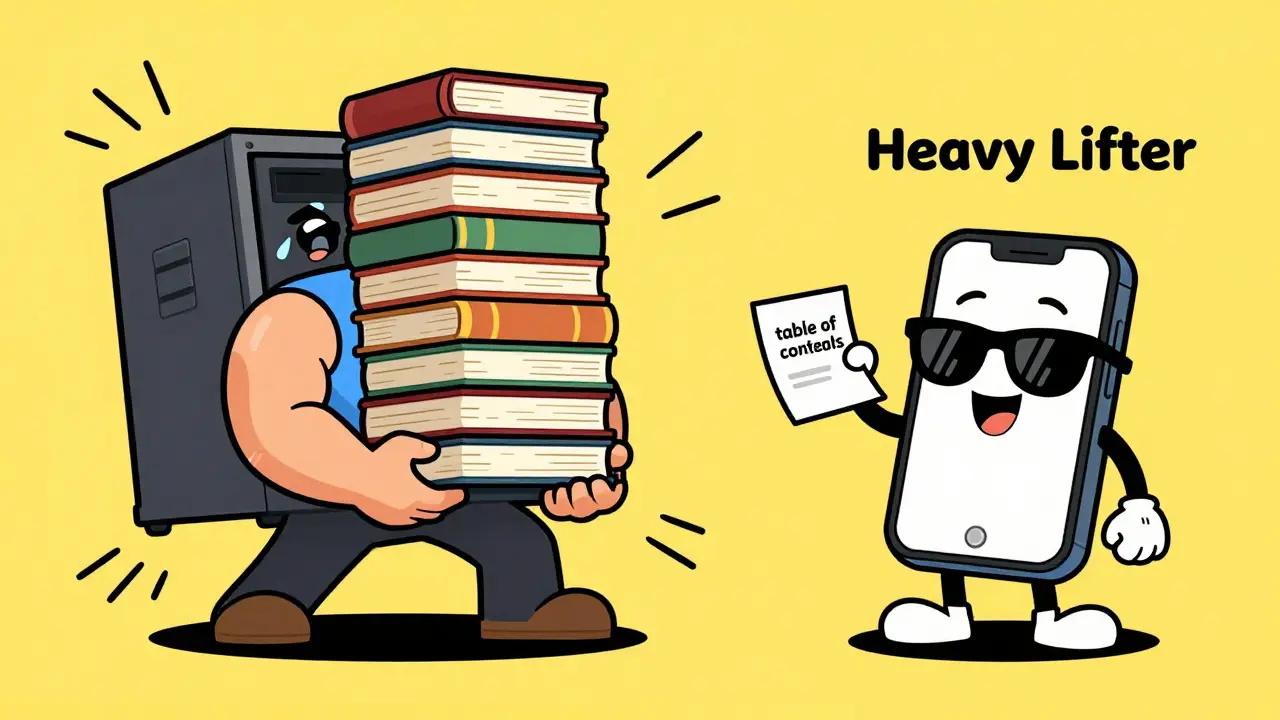 Comparison between a strained giant server and a relaxed smartphone holding a small note