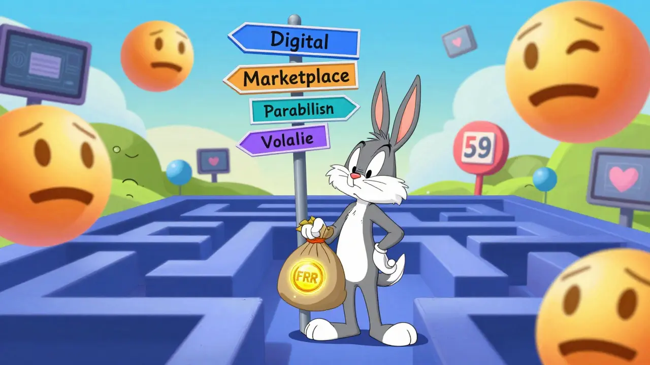 Confused cartoon character in a colorful digital marketplace maze with different price signs