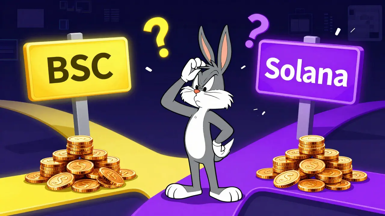 Confused character at a digital crossroads between BSC and Solana blockchain paths.