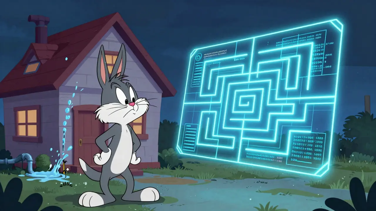Confused character looking at a neon smart contract maze while a house pipe leaks in the background.
