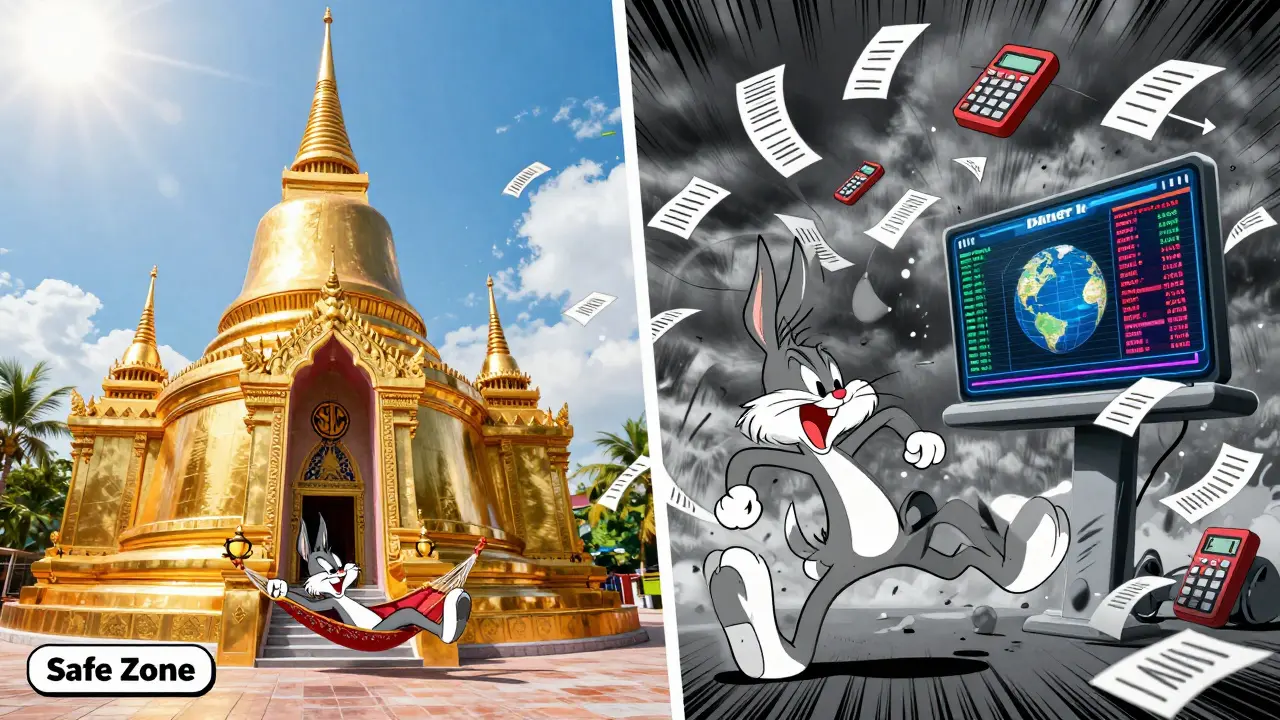 Contrast between a relaxed trader at a licensed exchange and a stressed trader on a global platform.