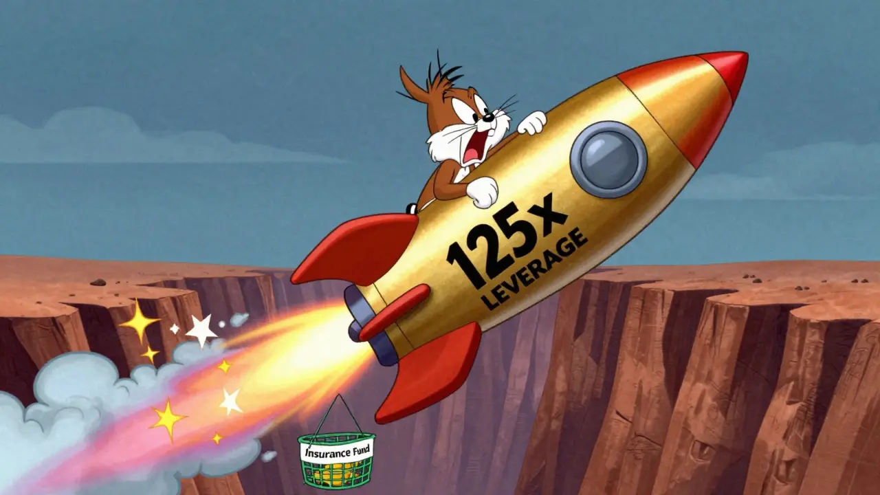 Excited cartoon character riding a rocket labeled 125x leverage into the sky.