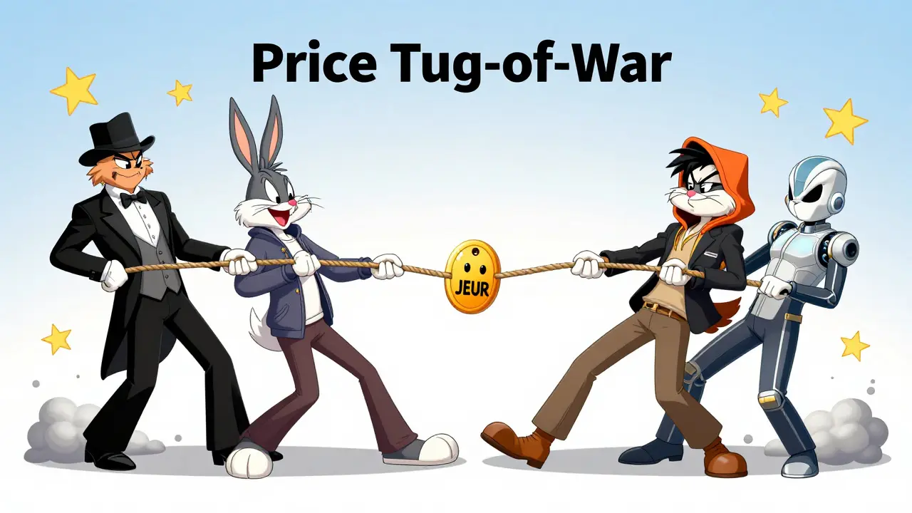 Four cartoon characters pulling a stretching JEUR token in different directions in a tug-of-war.