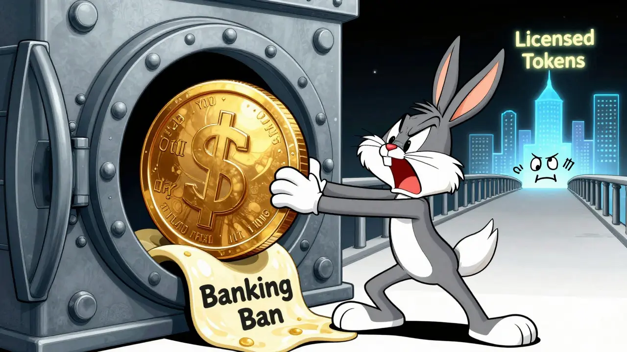 Frustrated character trying to pull a gold coin from a bank vault stuck with sticky glue.