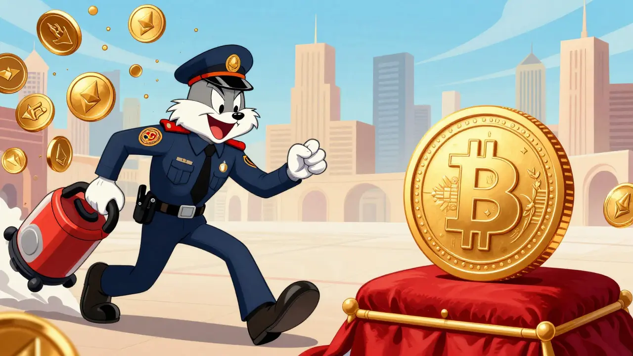 Government official vacuuming away private crypto coins while holding a royal digital coin.