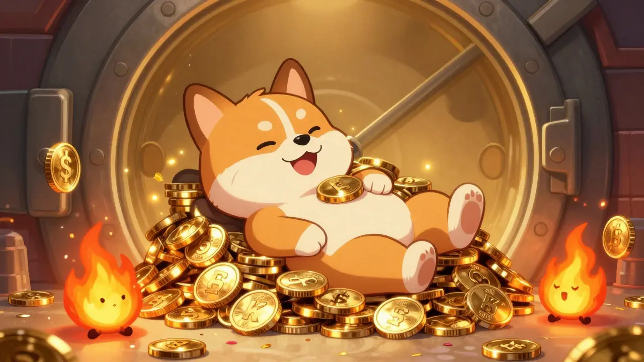 Happy cartoon dog resting on a pile of shimmering KOMA tokens.
