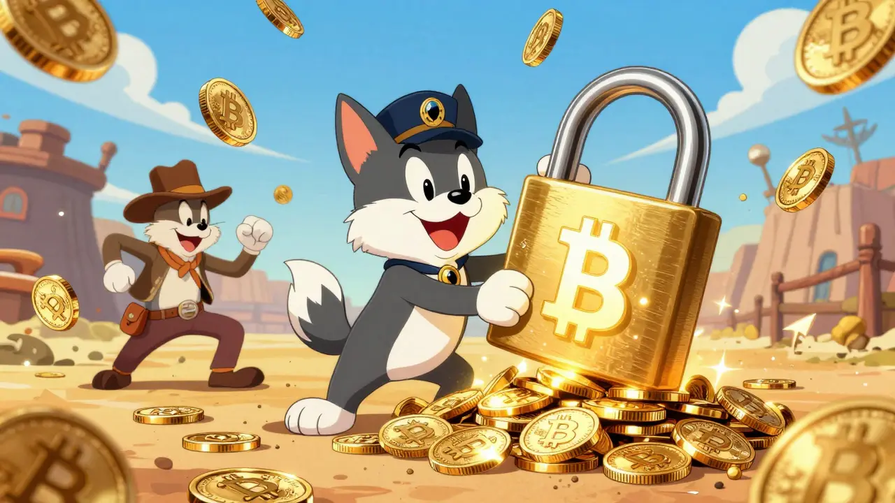Heroic cartoon dog securing glowing BNB coins with a giant lock.